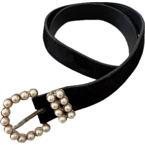 Vintage Black Velvet Belt Pearl Buckle Genuine Leather Y2K Coquette Preppy M - Picture 1 of 6
